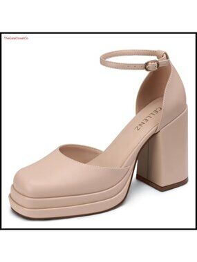 Women's Chunky High Heel Platform Dress Pumps Square Toe Ankle Strap